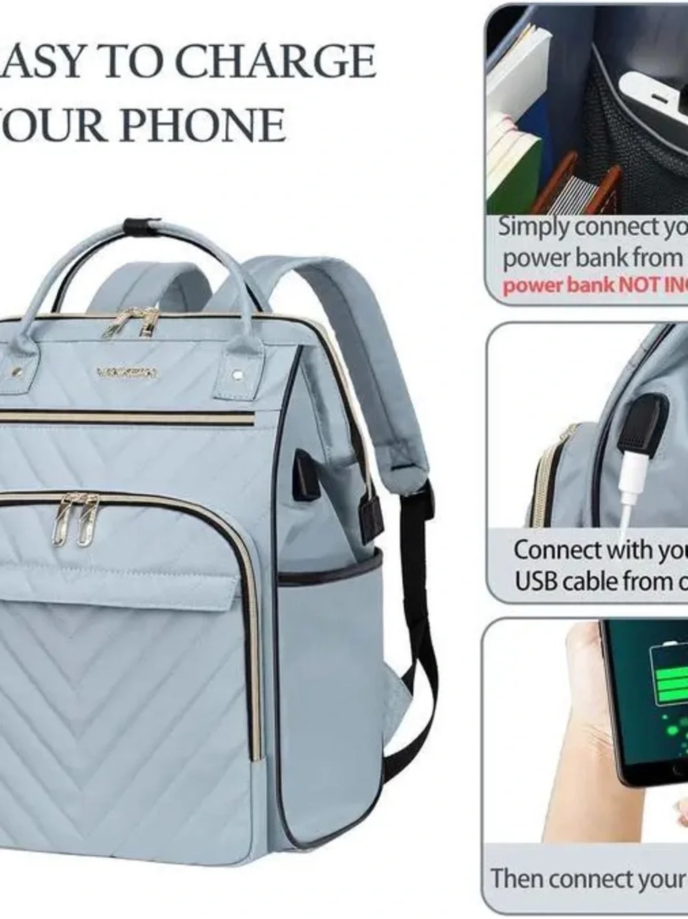 Vankean Backpack: Quilted Light Blue Backpack Tote for Women